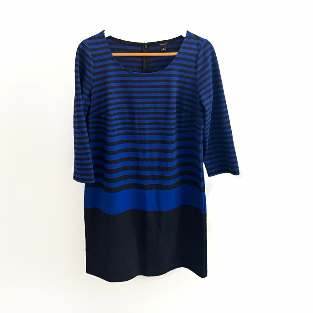 Ann Taylor Dress Womens M Blue Black Striped Shift Boat Neck 3/4 Sleeve